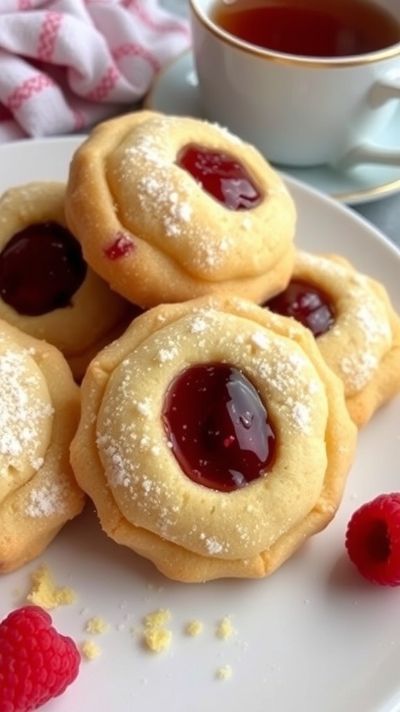 A plate of Chips Yoyo cookies with jam filling, dusted with icing sugar, on a kitchen table.